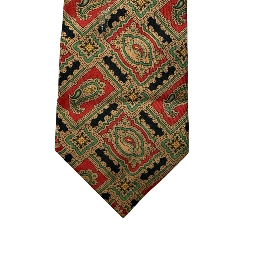 Polo Ralph Lauren Silk Tie Red Green Paisley Medallion Geometric Made by Hand